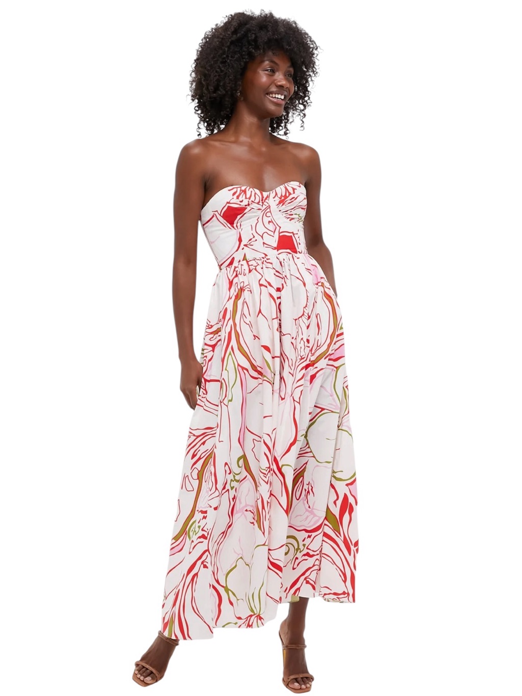 Emporio Sirenuse Johanna Strapless Maxi Dress White With Red And Olive Print Nwt